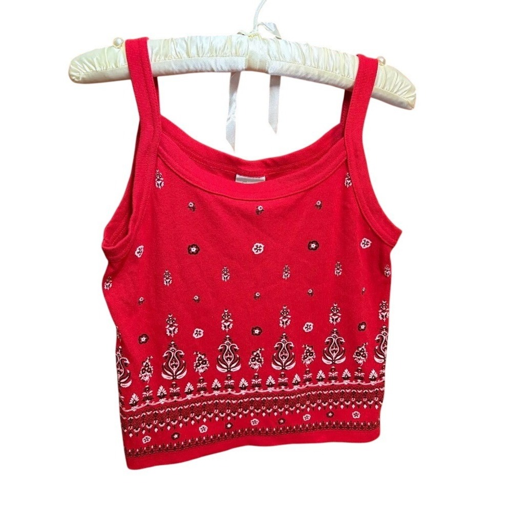 Red Bandana Print Crop Tank Top Paisley Floral Ribbed Knit Sleeveless Shirt